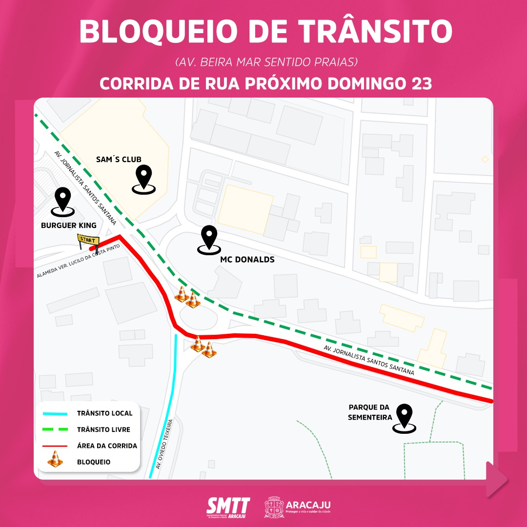 Trânsito na avenida Beira Mar será parcialmente interditado no domingo, 23 - SMTT Aracaju